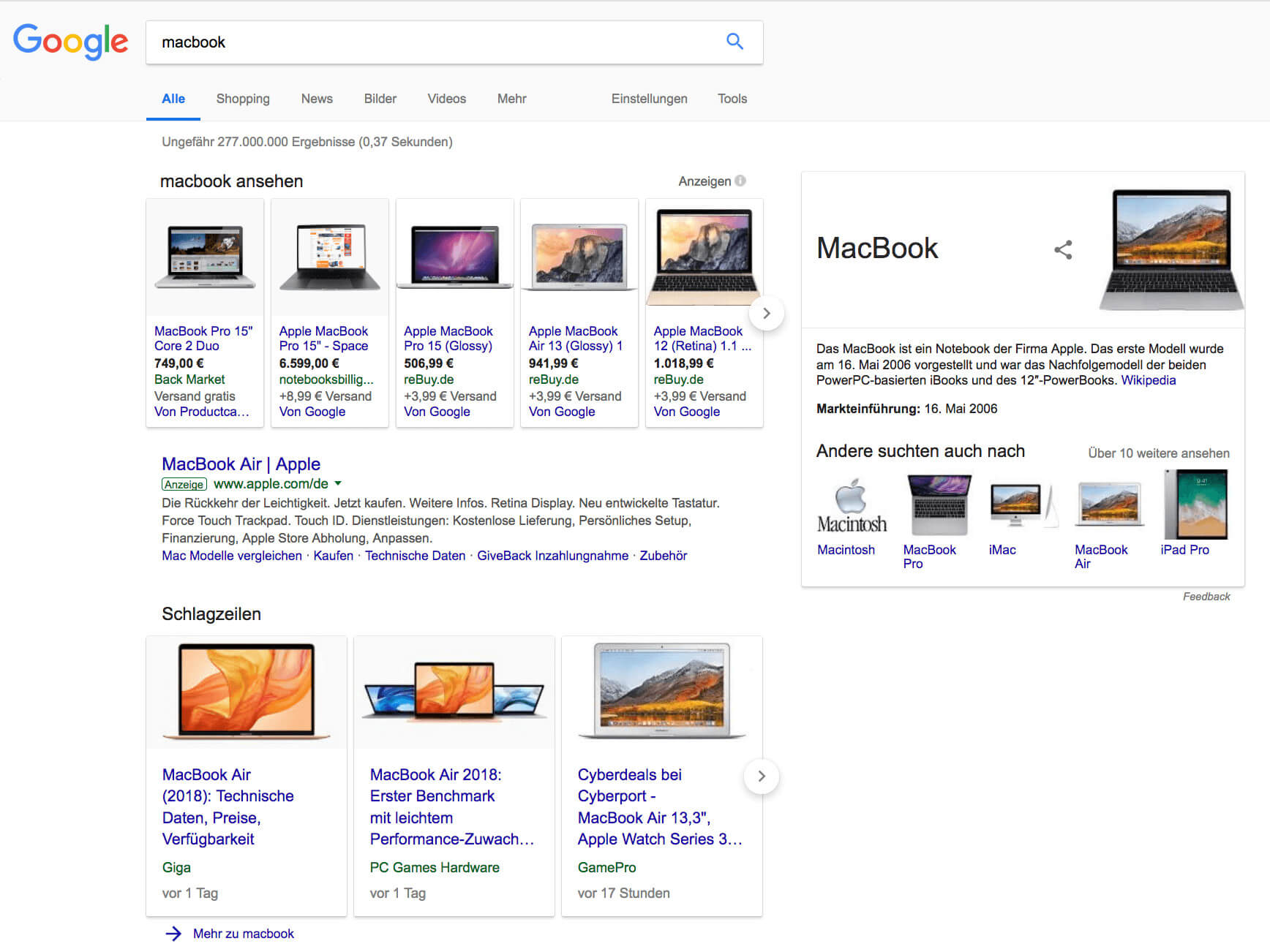 MacBook Google SERP Ergebnisse